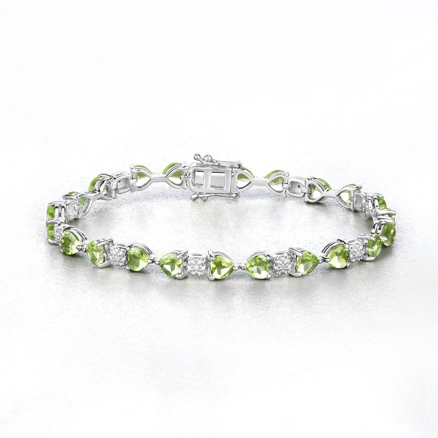 9.68 Ct Heart Green Peridot & Diamond Prong Silver Tennis Bracelet