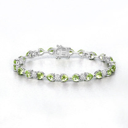 9.68 Ct Heart Green Peridot & Diamond Prong Silver Tennis Bracelet