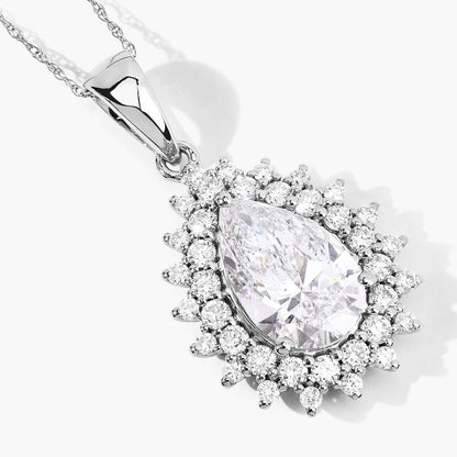 3.90 Ct Pear Shaped Lab Diamond Platinum Bridal Floral Halo Pendant
