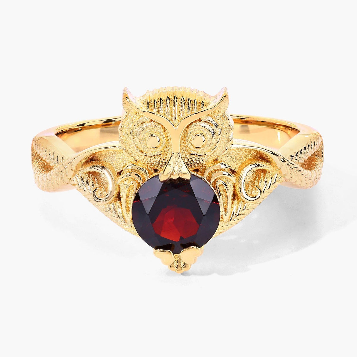 1.00 Cttw Round Red Garnet 18K Yellow Gold over Silver Owl Ring