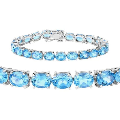 35.20 Ct Oval Swiss Blue Topaz Prong Sterling Silver Tennis Bracelet