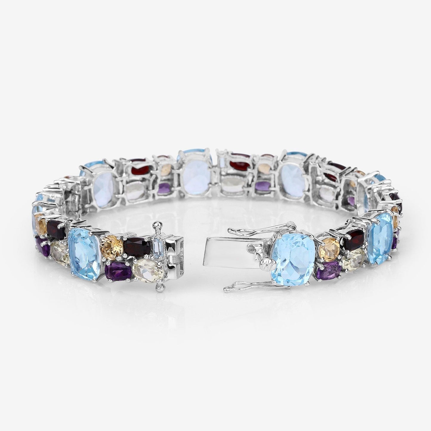 51.36 Cttw Multi-Color Gemstone Prong 925 Sterling Silver Link Bracelet