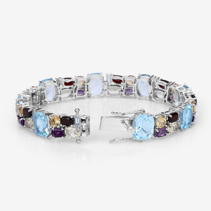 51.36 Cttw Multi-Color Gemstone Prong 925 Sterling Silver Link Bracelet