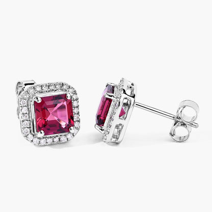 2.48 Ct Octagon Red Rubellite & Lab Diamond Prong 14K Gold Stud Earrings