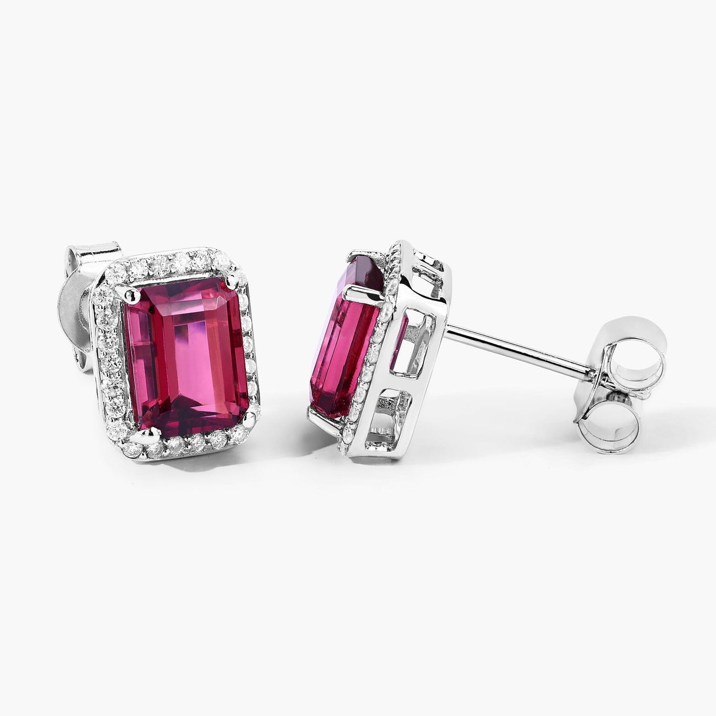 2.84 Ct Octagon Red Rubellite & Lab Diamond Prong 14K Gold Stud Earrings