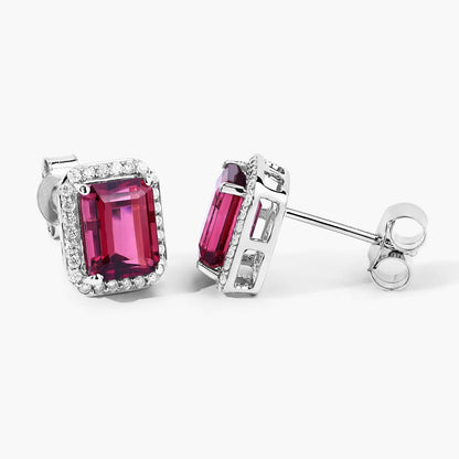 2.84 Ct Octagon Red Rubellite & Lab Diamond Prong 14K Gold Stud Earrings