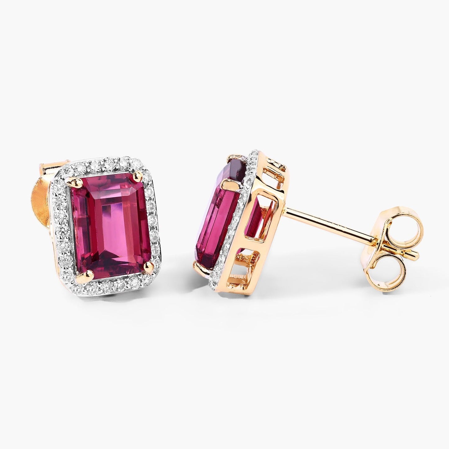 2.84 Ct Octagon Red Rubellite & Lab Diamond Prong 14K Gold Stud Earrings