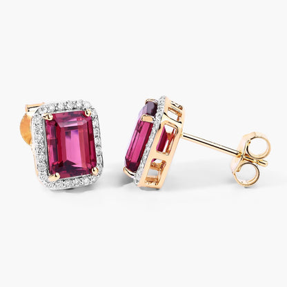 2.84 Ct Octagon Red Rubellite & Lab Diamond Prong 14K Gold Stud Earrings