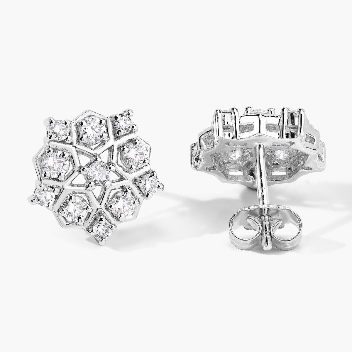 1.00 Cttw Round White Lab Diamond Prong Rhodium Plated Silver Hexagon Cluster Stud Earrings