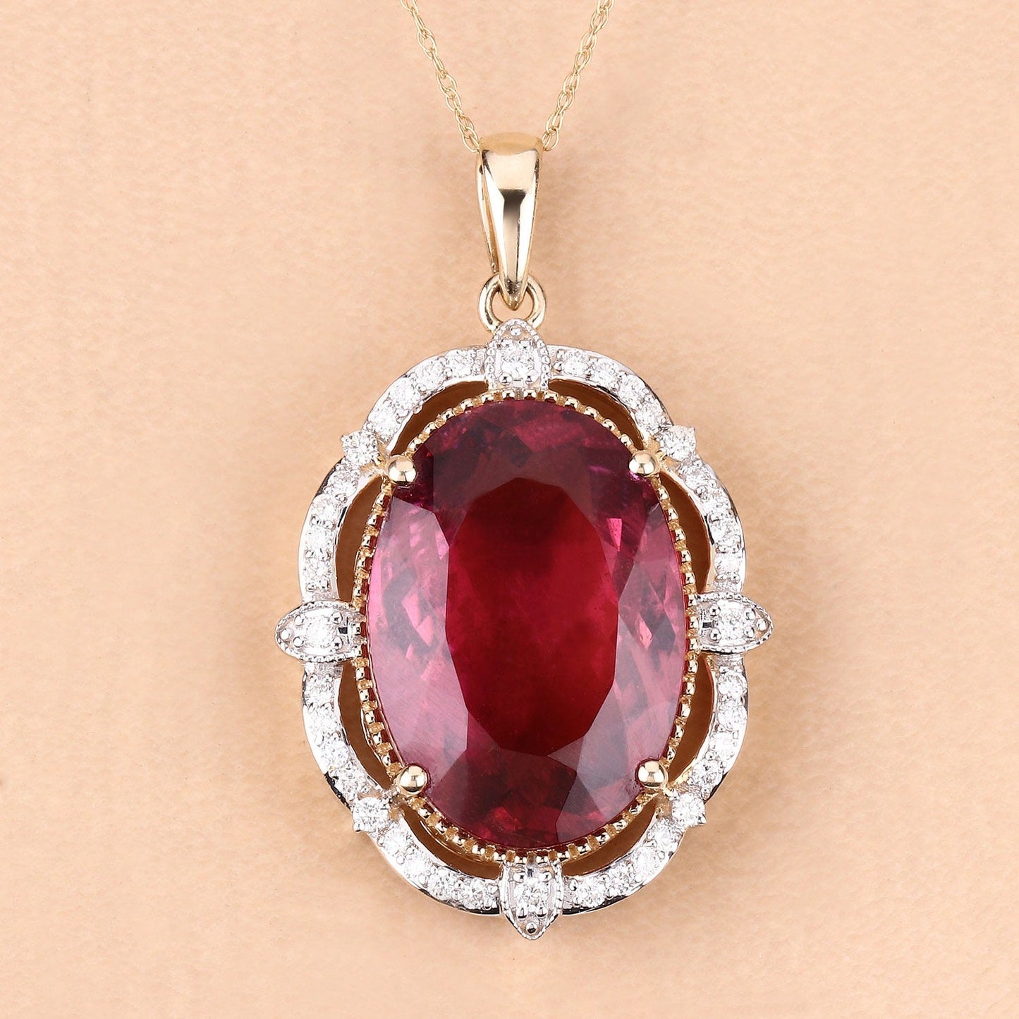 Genuine Rubellite and White Diamond 14K Yellow Gold Oval Pendant