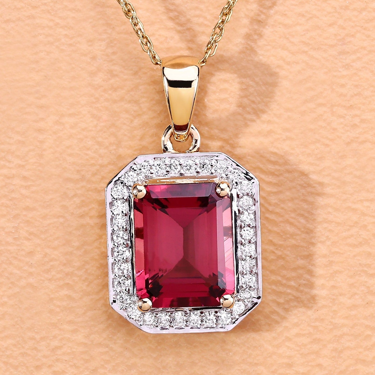 Red Genuine Rubellite and White Diamond 14K Yellow Gold Halo Pendant