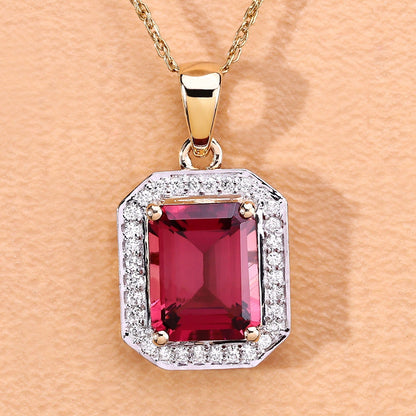 Red Genuine Rubellite and White Diamond 14K Yellow Gold Halo Pendant