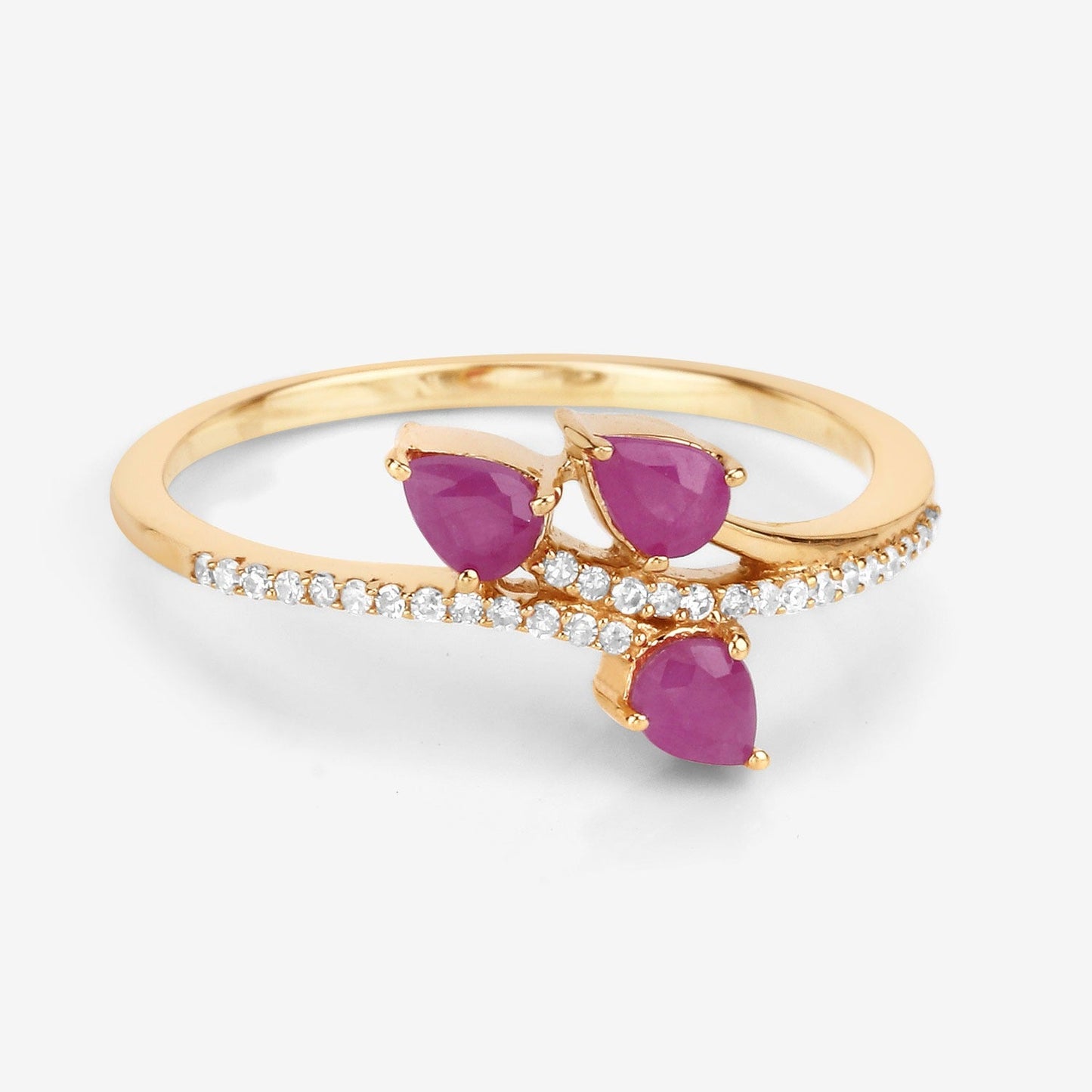 0.60 Ct Pear Pink Ruby & Diamond Prong 14K Yellow Gold Pave Bypass Three Stone Ring