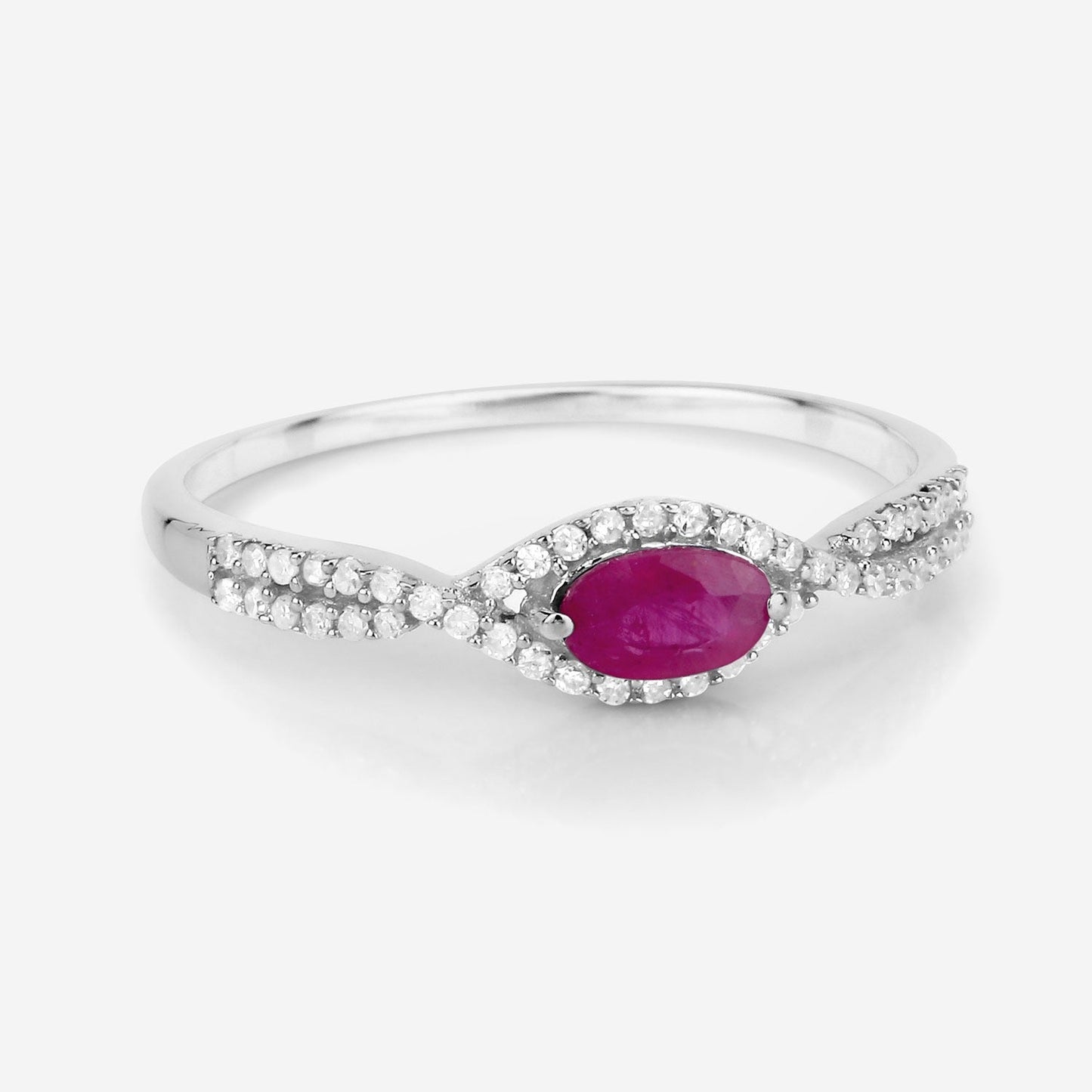 0.27 Ct Oval Pink Ruby & White Diamond Prong 14K White Gold Crossover Halo Ring