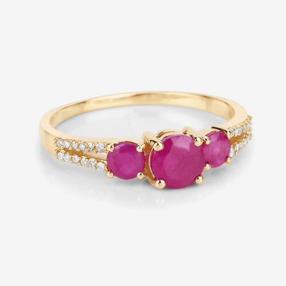 0.95 Ct Round Pink Ruby & Diamond Prong 14K Yellow Gold Pave Three Stone Split Shank Ring