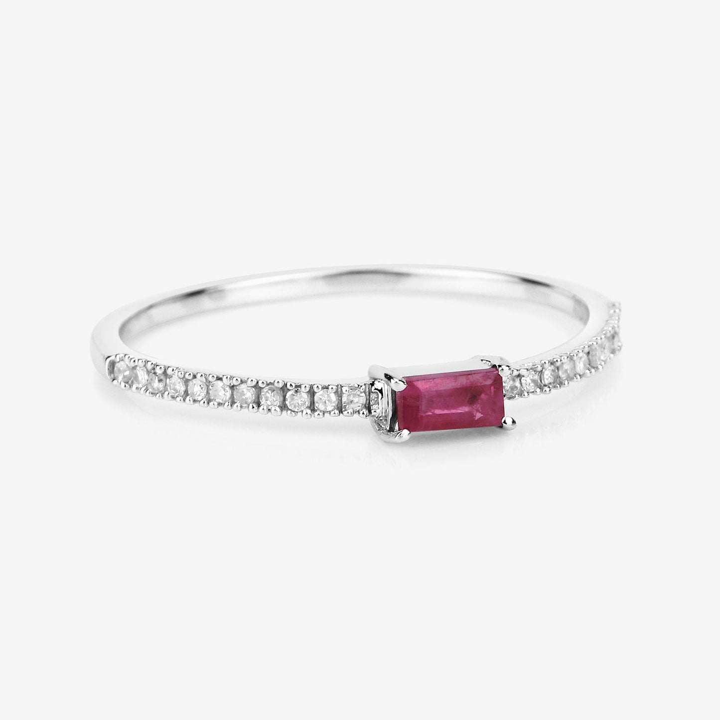 0.16 Ct Baguette Pink Ruby & Diamond Prong 14K White Gold Stackable Pave Ring