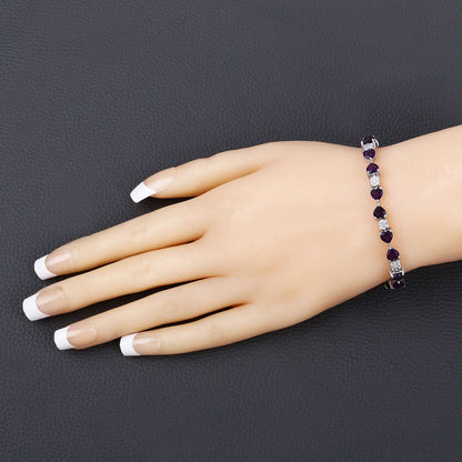 9.46 Ct Heart Purple Amethyst and Diamond Silver Tennis Bracelet