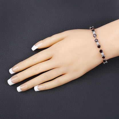 11 Ct Heart Red Garnet and Diamond Prong Silver Tennis Bracelet