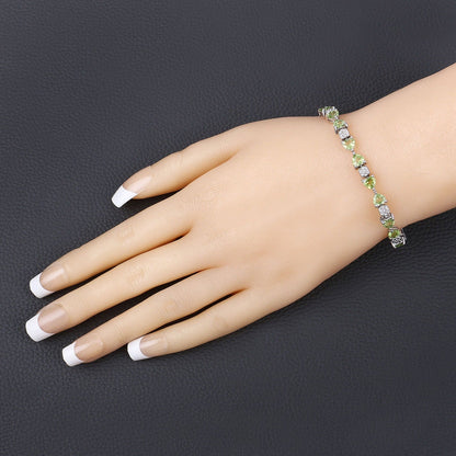 9.68 Ct Heart Green Peridot & Diamond Prong Silver Tennis Bracelet