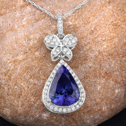 5.54 Ct Genuine Pear Tanzanite and Diamond 18K White Gold Statement Pendant