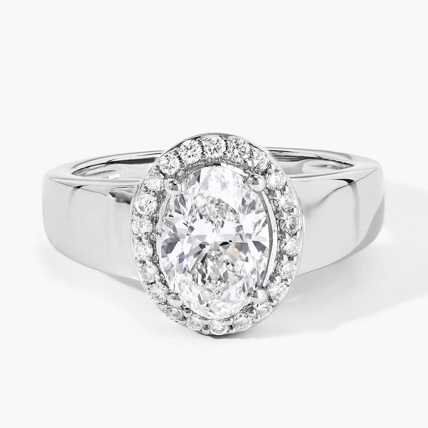 1.80 Ct Oval Lab Grown Diamond Prong Thick Band Platinum Halo Bridal Ring