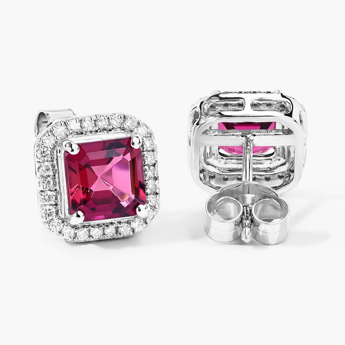 2.48 Ct Octagon Red Rubellite & Lab Diamond Prong 14K Gold Stud Earrings