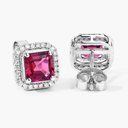 2.48 Ct Octagon Red Rubellite & Lab Diamond Prong 14K Gold Stud Earrings