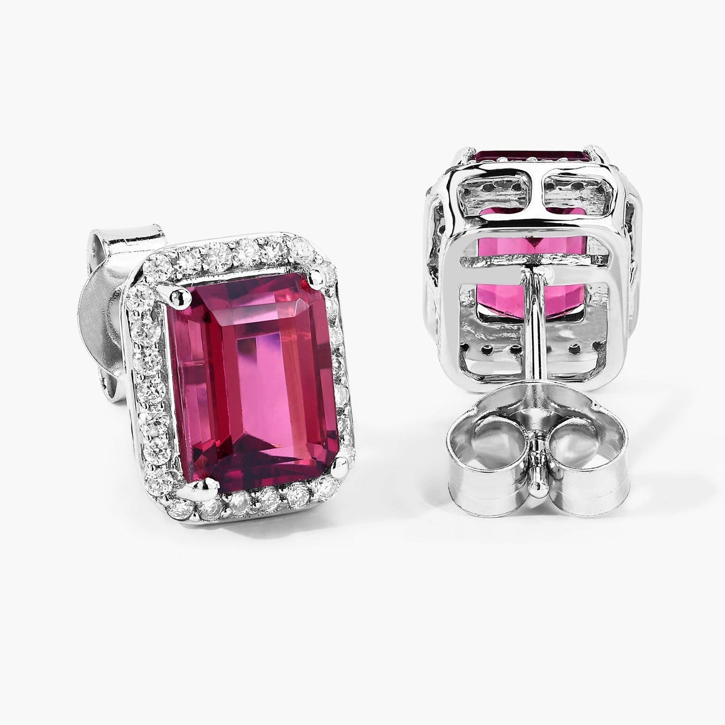 2.84 Ct Octagon Red Rubellite & Lab Diamond Prong 14K Gold Stud Earrings