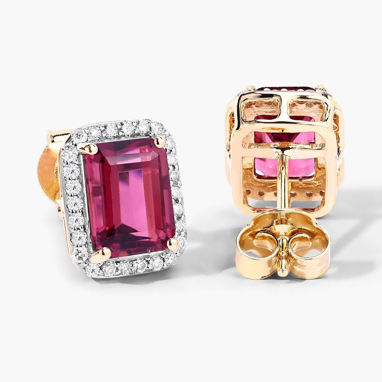 2.84 Ct Octagon Red Rubellite & Lab Diamond Prong 14K Gold Stud Earrings