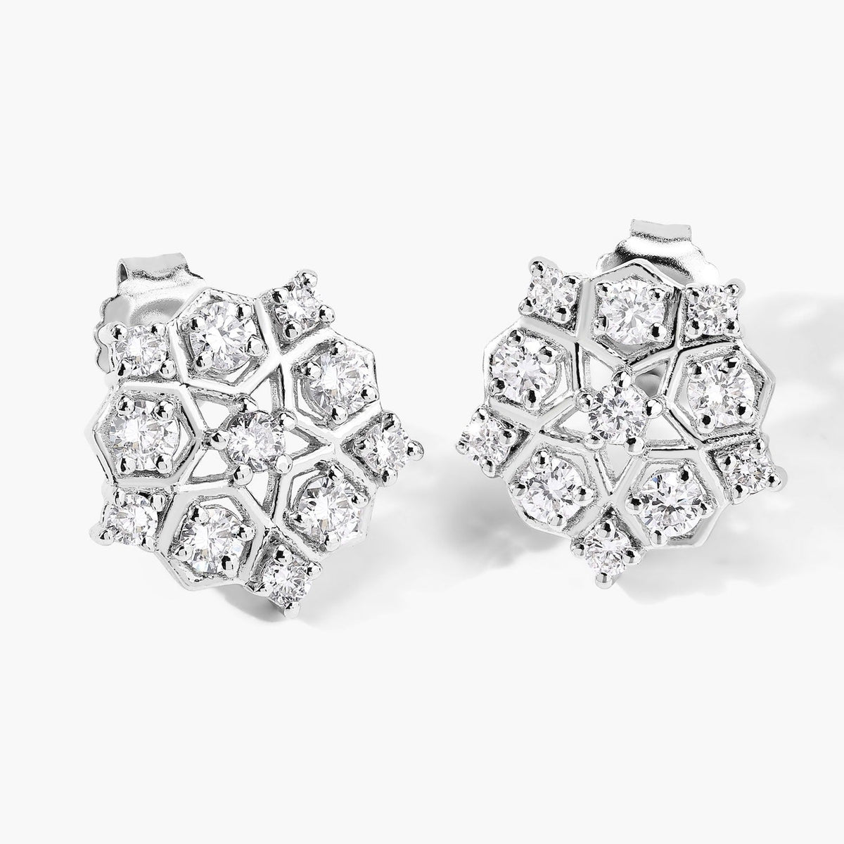 1.00 Cttw Round White Lab Diamond Prong Rhodium Plated Silver Hexagon Cluster Stud Earrings
