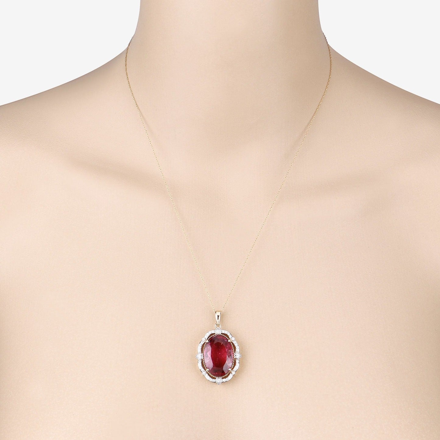 Genuine Rubellite and White Diamond 14K Yellow Gold Oval Pendant