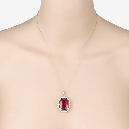 Genuine Rubellite and White Diamond 14K Yellow Gold Oval Pendant