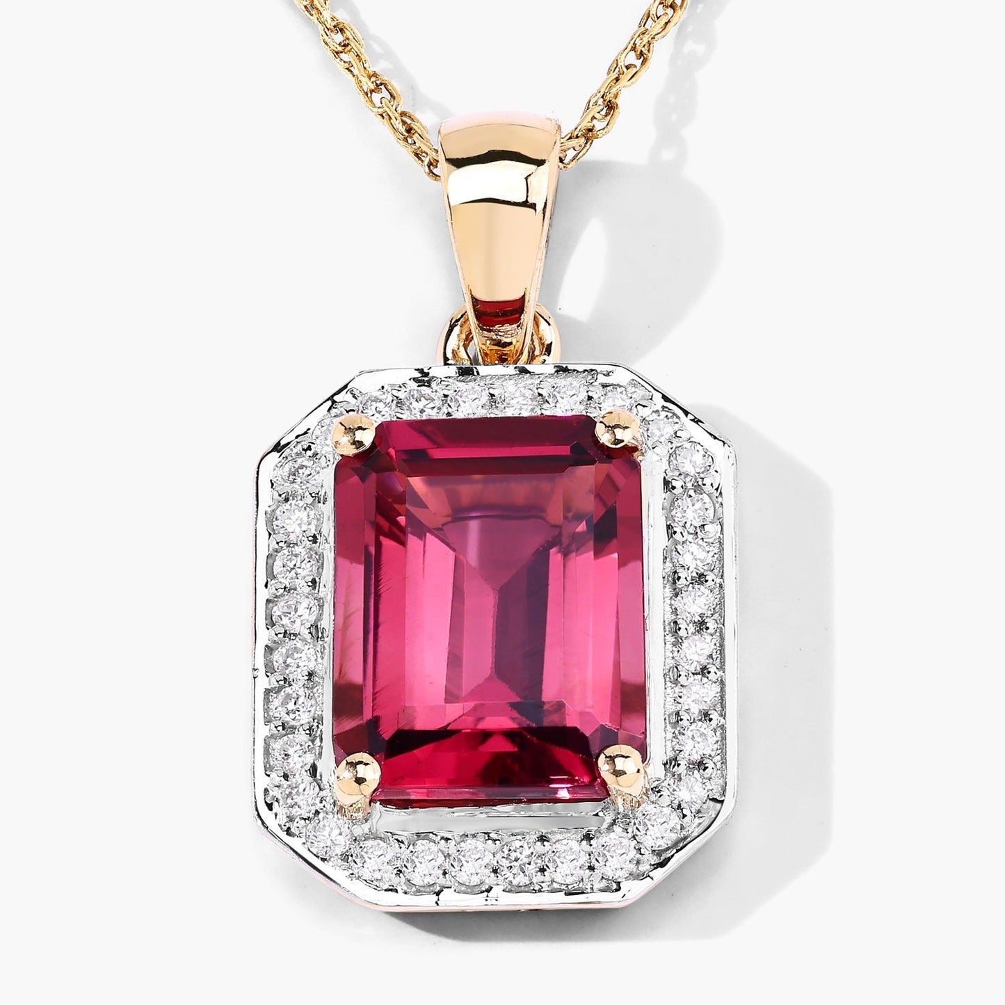 Red Genuine Rubellite and White Diamond 14K Yellow Gold Halo Pendant