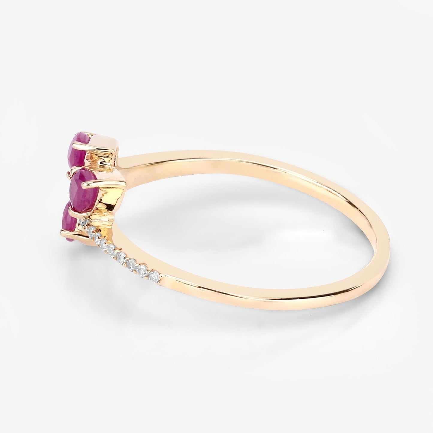 0.60 Ct Pear Pink Ruby & Diamond Prong 14K Yellow Gold Pave Bypass Three Stone Ring