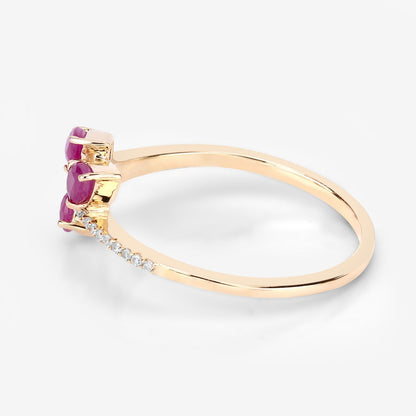 0.60 Ct Pear Pink Ruby & Diamond Prong 14K Yellow Gold Pave Bypass Three Stone Ring