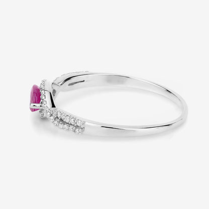0.27 Ct Oval Pink Ruby & White Diamond Prong 14K White Gold Crossover Halo Ring