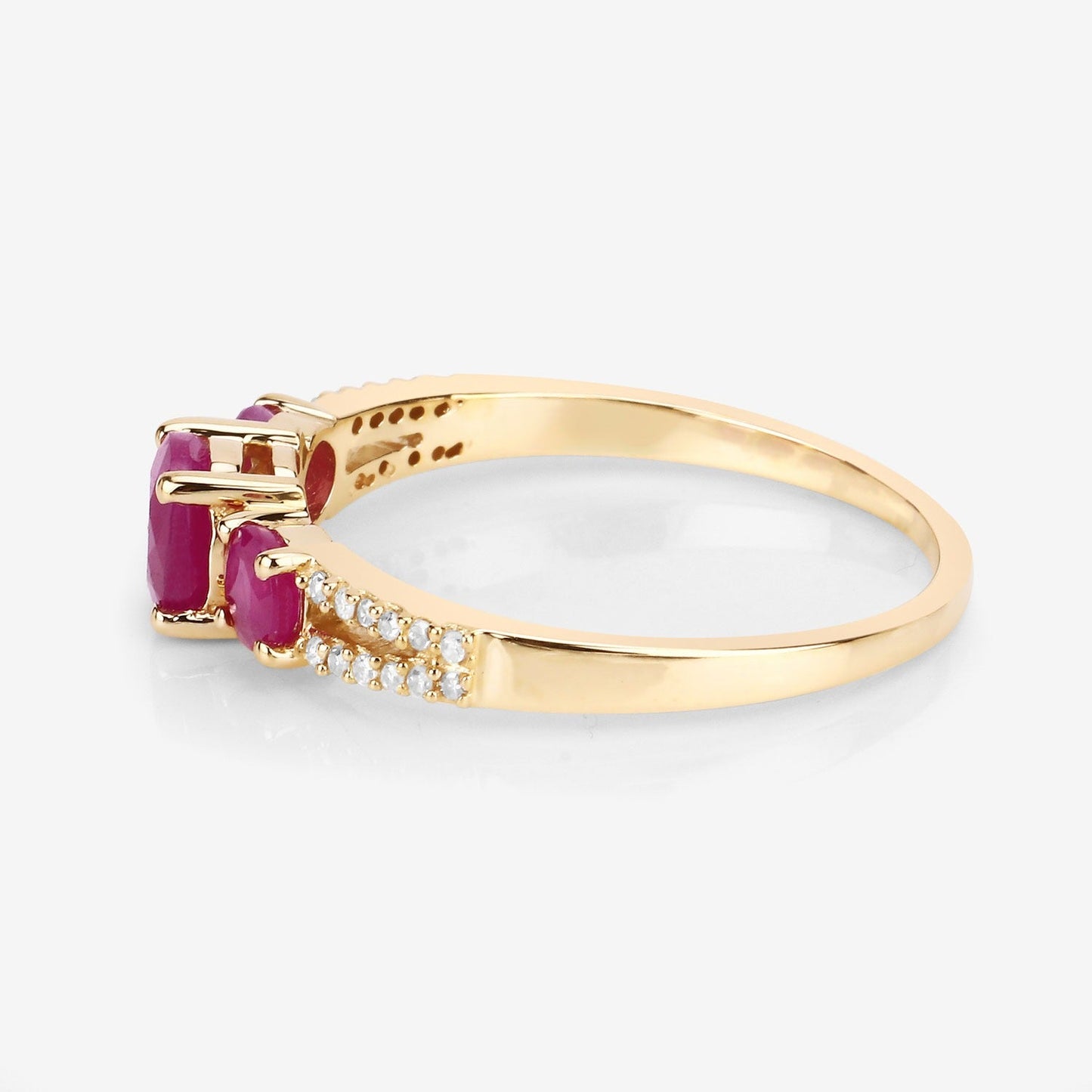 0.95 Ct Round Pink Ruby & Diamond Prong 14K Yellow Gold Pave Three Stone Split Shank Ring