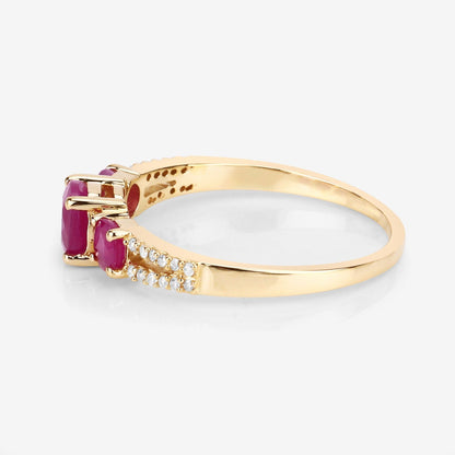 0.95 Ct Round Pink Ruby & Diamond Prong 14K Yellow Gold Pave Three Stone Split Shank Ring