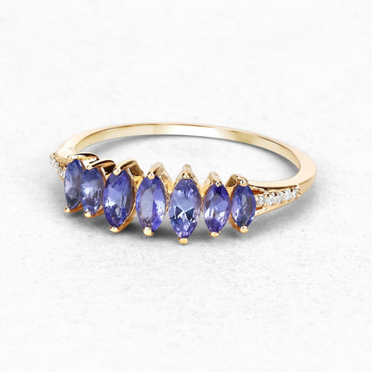 0.74 Ct Marquise Violet Tanzanite Diamond Prong 14K Yellow Gold Pave Statement Ring