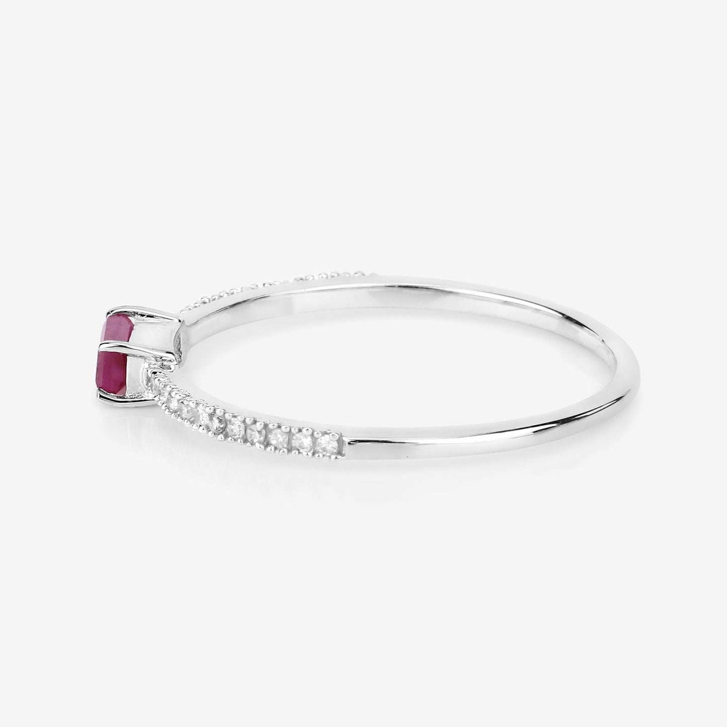 0.16 Ct Baguette Pink Ruby & Diamond Prong 14K White Gold Stackable Pave Ring