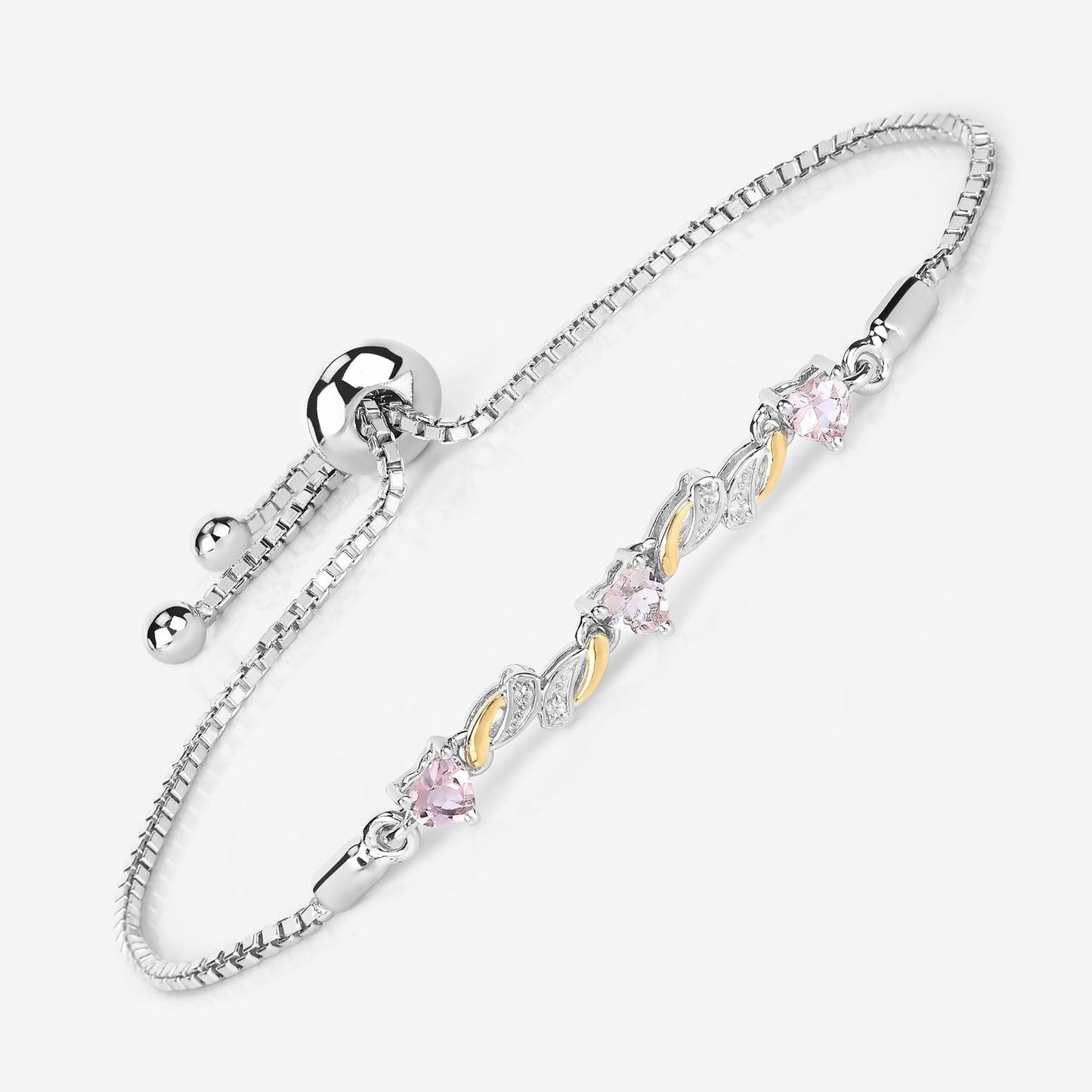 0.79 Ct Heart Pink Morganite Prong Silver Bolo Adjustable Bracelet
