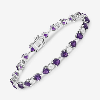 9.46 Ct Heart Purple Amethyst and Diamond Silver Tennis Bracelet