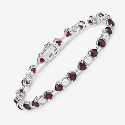 11 Ct Heart Red Garnet and Diamond Prong Silver Tennis Bracelet