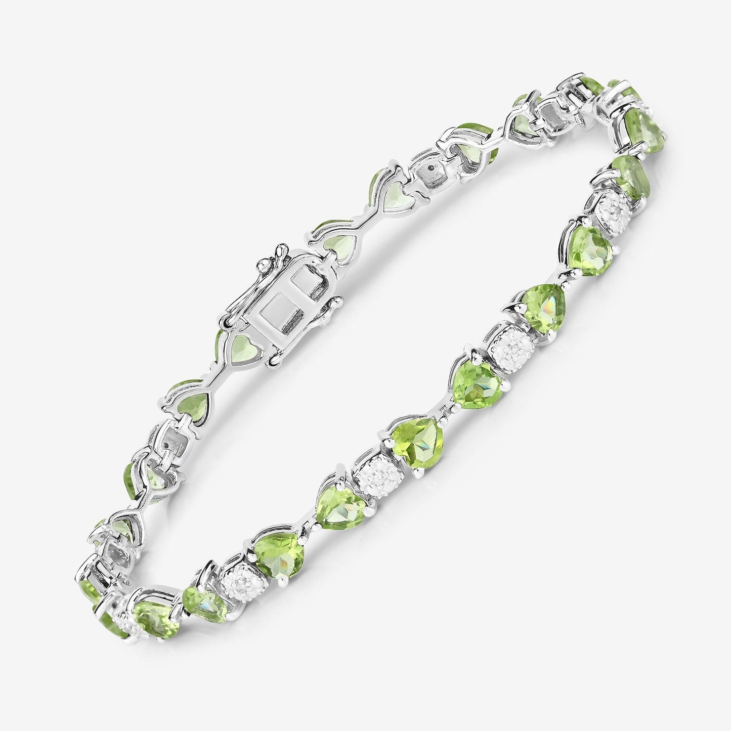 9.68 Ct Heart Green Peridot & Diamond Prong Silver Tennis Bracelet