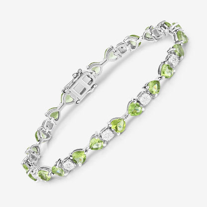 9.68 Ct Heart Green Peridot & Diamond Prong Silver Tennis Bracelet