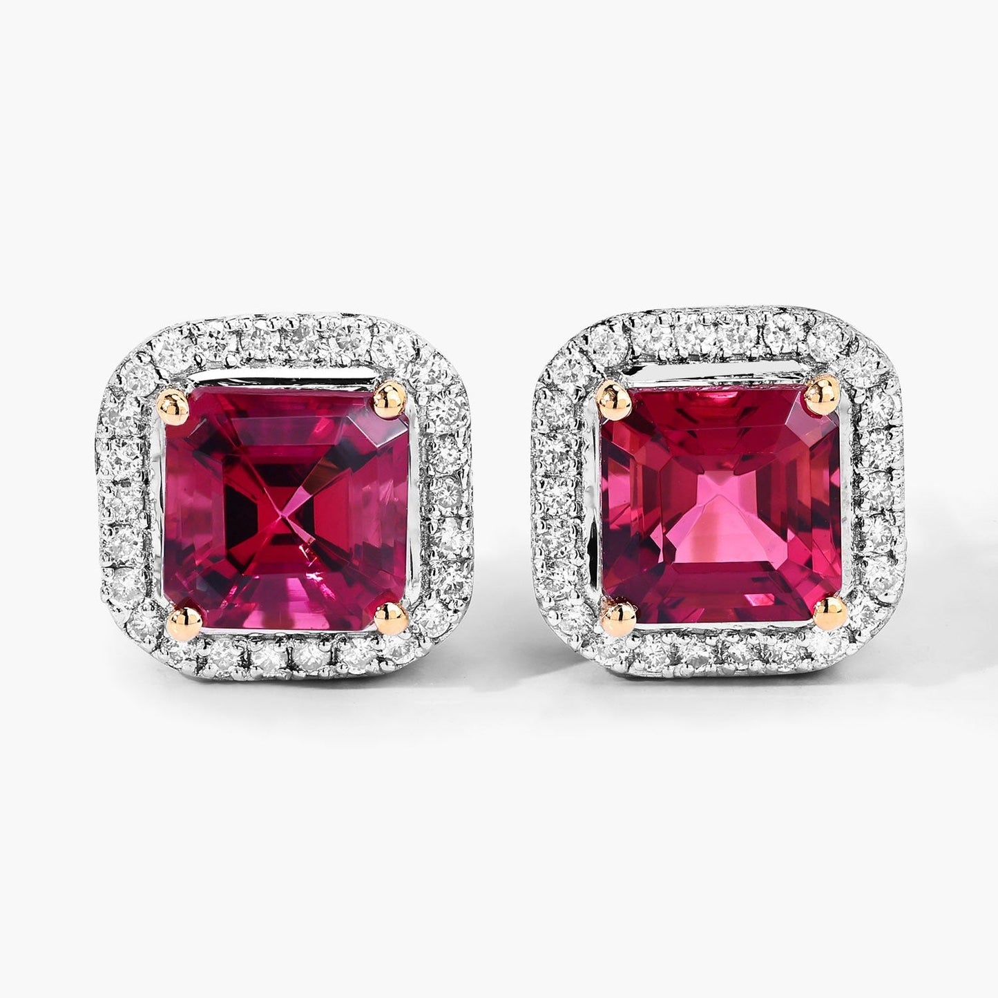 2.48 Ct Octagon Red Rubellite & Lab Diamond Prong 14K Gold Stud Earrings