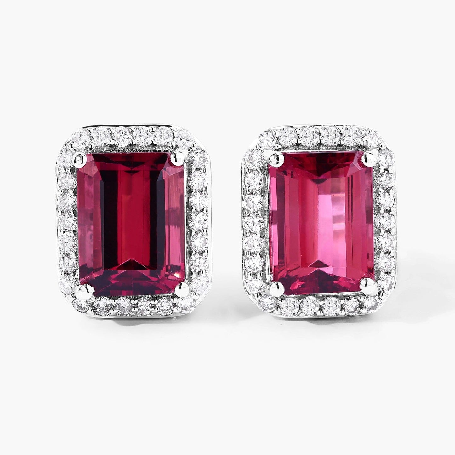2.84 Ct Octagon Red Rubellite & Lab Diamond Prong 14K Gold Stud Earrings