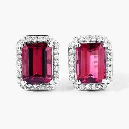 2.84 Ct Octagon Red Rubellite & Lab Diamond Prong 14K Gold Stud Earrings