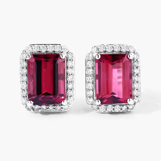 2.84 Ct Octagon Red Rubellite & Lab Diamond Prong 14K Gold Stud Earrings