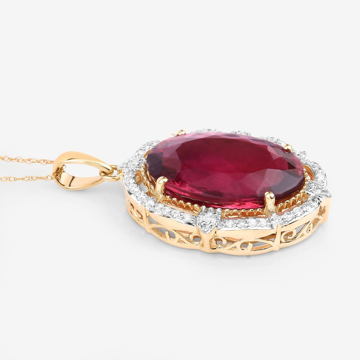 Genuine Rubellite and White Diamond 14K Yellow Gold Oval Pendant